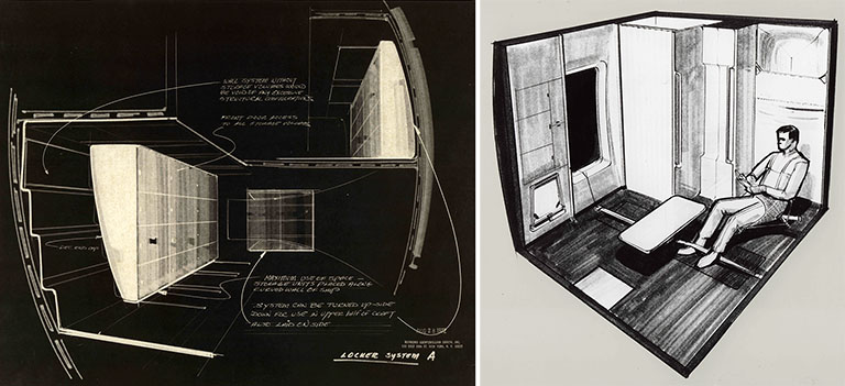 Illustrations de l’aménagement intérieur de Skylab de Raymond Loewy, années 1960